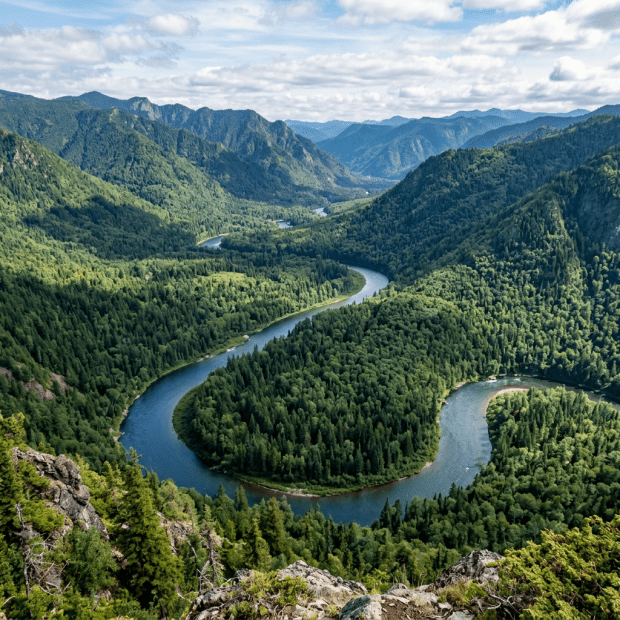 Curving river surrounded by dense forest and mountains under a partly cloudy sky