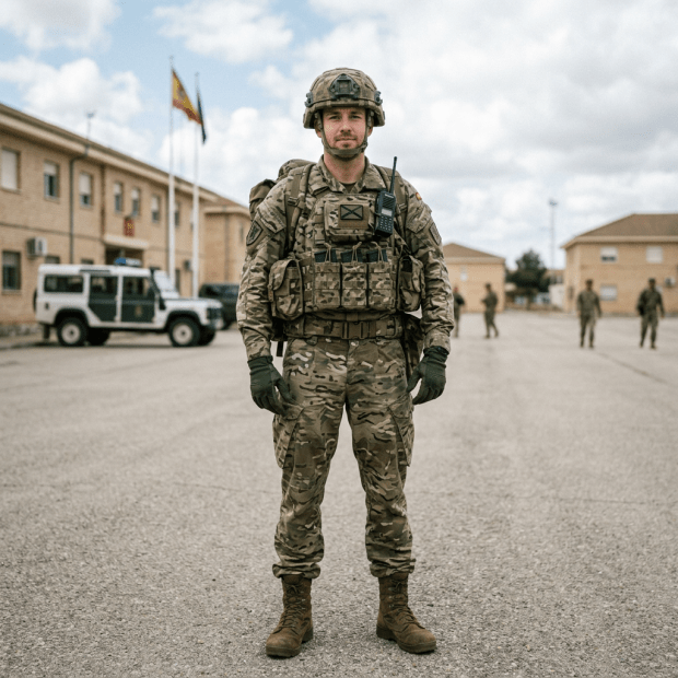Soldier wearing camouflage uniform, helmet, and tactical vest standing on pavement at base