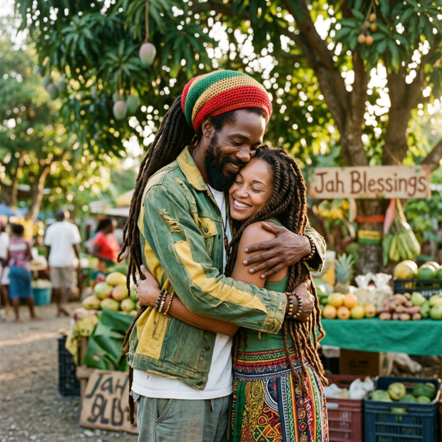 Couple hugging happily in a lively market with fresh fruits in background