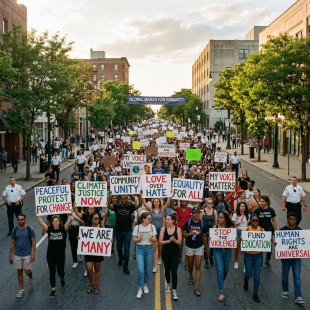 Crowd marching in a peaceful protest holding signs about community unity, equality, climate justice, and human rights.
