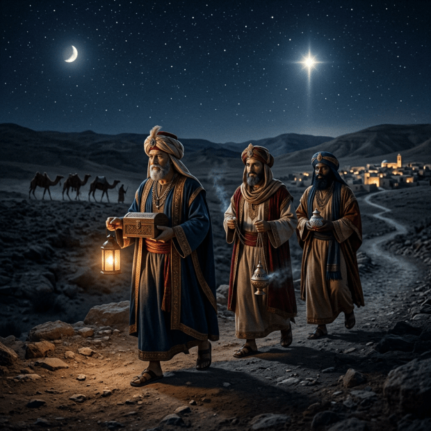 Three Wise Men walking at night with gifts and lantern under a bright star