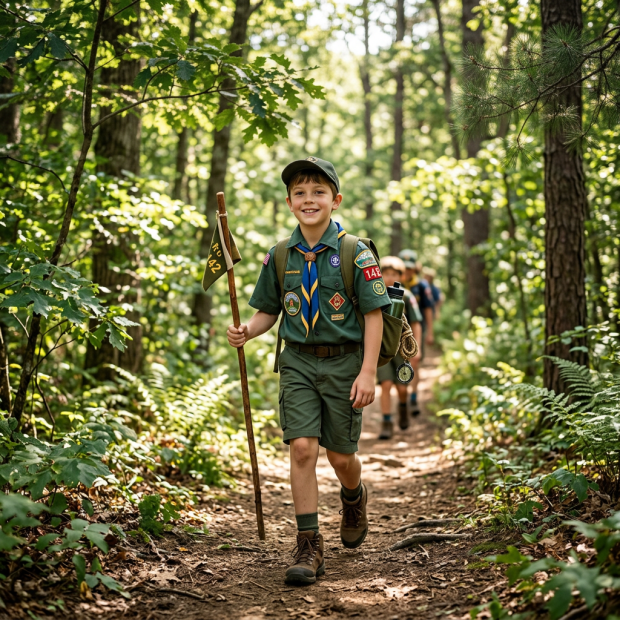 Young Boy Scout walking on forest trail carrying a staff and wearing uniform