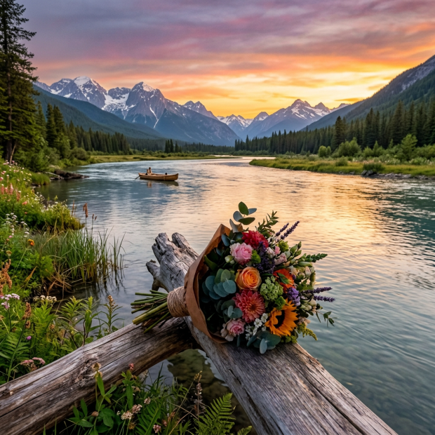 Colorful bouquet resting on a log by a river with mountains at sunset and a canoe on the water