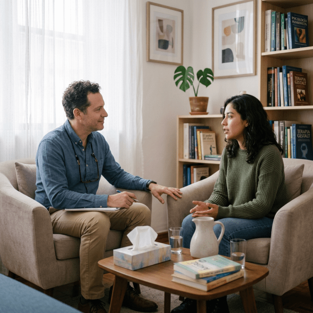 Therapist and woman engaged in a counseling session in a cozy room