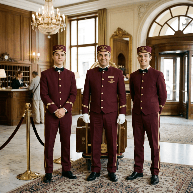 Three hotel bellhops in maroon uniforms with bow ties and hats standing in a hotel lobby