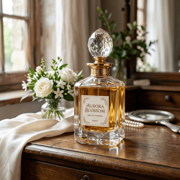 Crystal perfume bottle labeled Aurora Blossom with white flowers and pearl necklace on wooden dresser