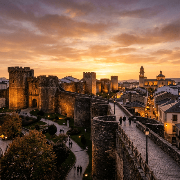 Medieval stone castle walls and towers overlooking a sunset-lit town with people walking on a pathway