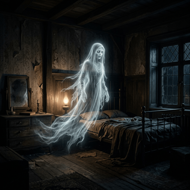 Translucent ghost floating in a dark, rundown bedroom