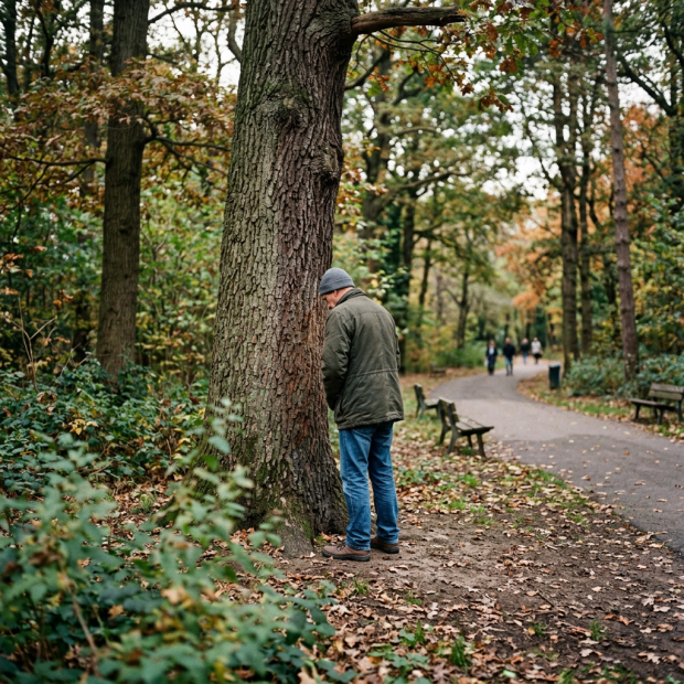 A man leaning his head against a large tree trunk in a park during autumn