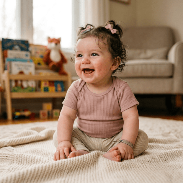 Smiling baby girl with curly hair sitting on a knitted blanket indoors