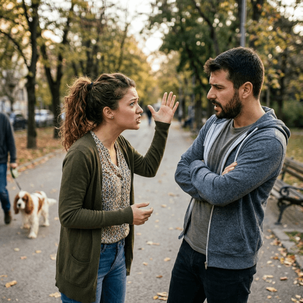 Woman gesturing and arguing with a man in a park