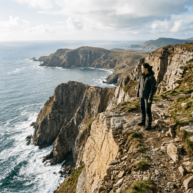 Person standing on rocky cliff overlooking ocean and coastline