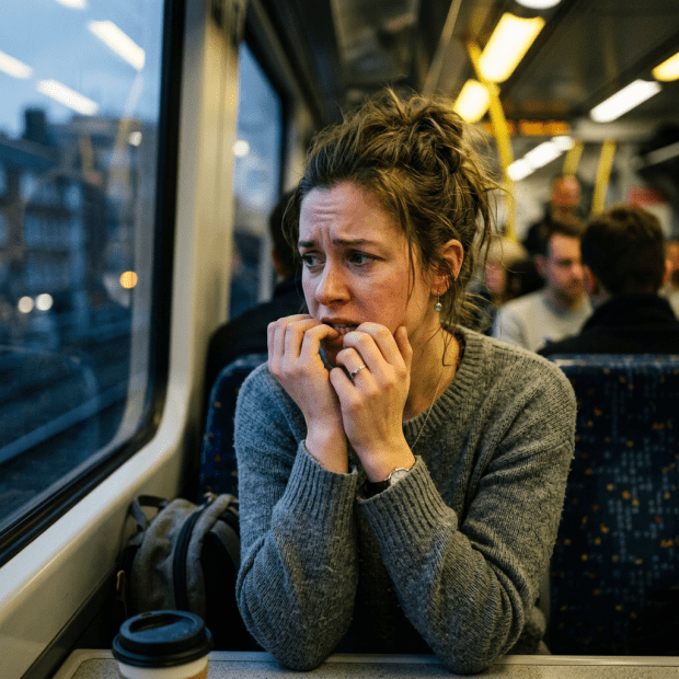 Young woman looking anxious and biting nails on train