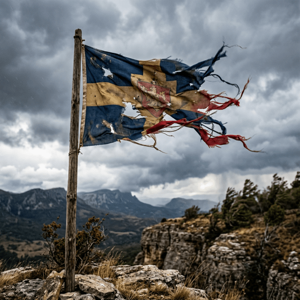 Torn blue and yellow flag with emblem waving on a wooden pole in a mountainous area with cloudy skies