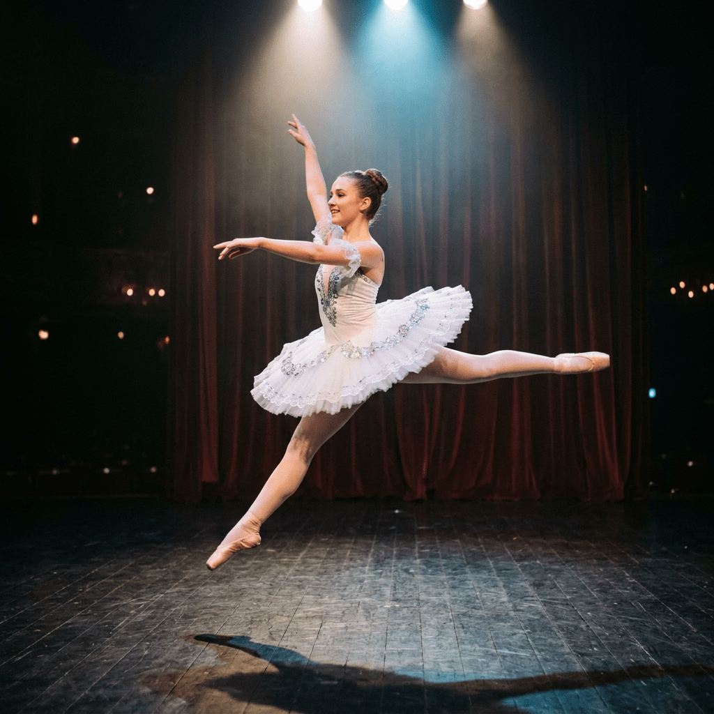 Ballerina in mid-air performing a leap with a white tutu on a theater stage