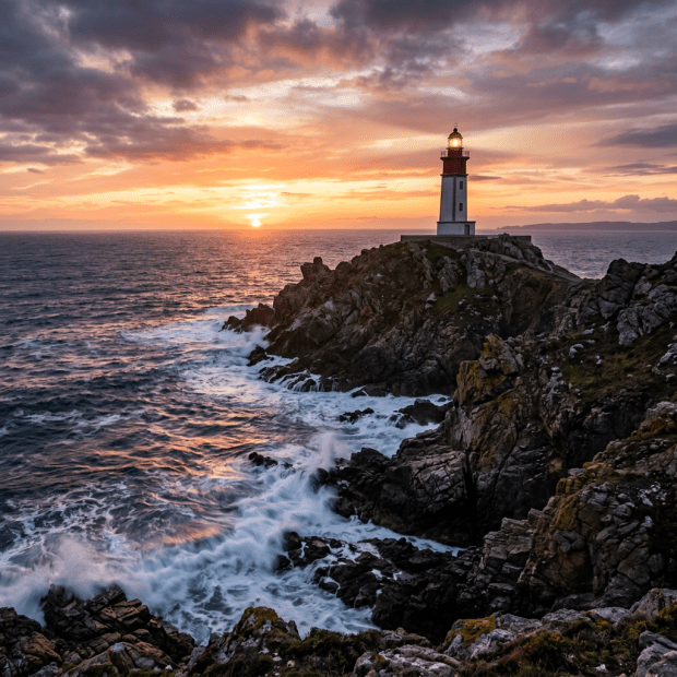 Lighthouse on rocky cliff with ocean waves at sunset