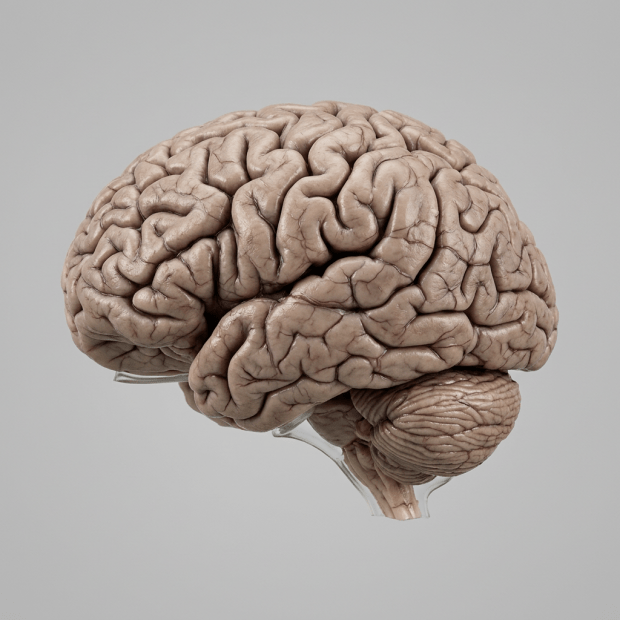 Side view of a detailed human brain model displaying cerebral cortex and cerebellum