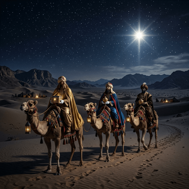 Three wise men in ornate robes riding camels across a desert at night following a bright star