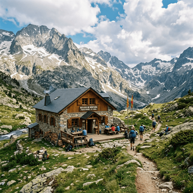 Mountain refuge with hikers on trail surrounded by rocky peaks and patches of snow