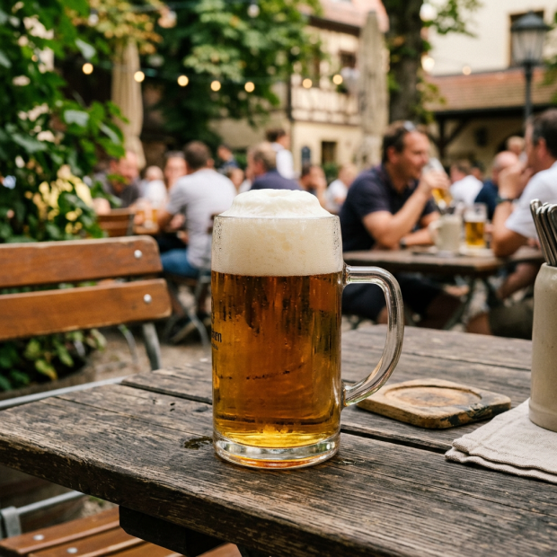 Mug of beer with foam on rustic wooden table in outdoor beer garden