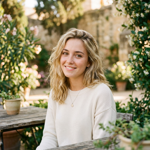 Young woman with blonde hair in white sweater sitting at a wooden table outdoors