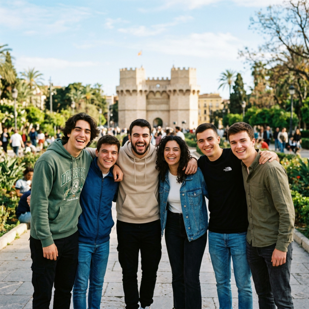 Six young adults standing close together smiling with a historic stone gate behind them
