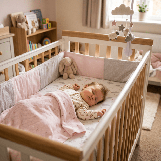Baby sleeping peacefully in a wooden crib with pink and gray bedding