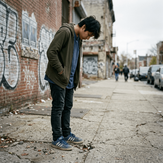 Young man in green hoodie looking down at cracked sidewalk near graffiti-covered brick wall