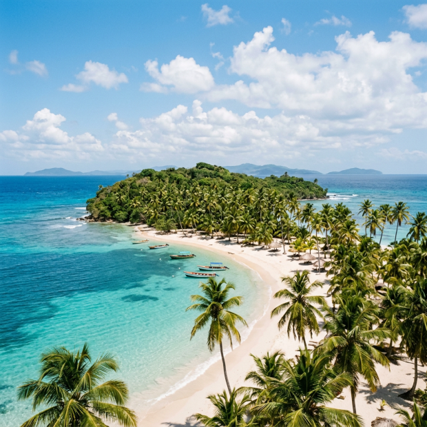 Tropical island beach with clear turquoise water, palm trees, and several boats anchored near the shore