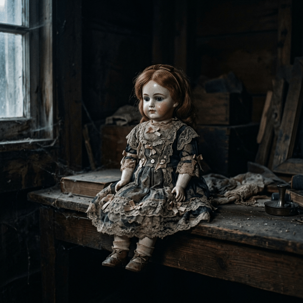 Porcelain doll in vintage lace dress sitting on wooden table in dusty attic