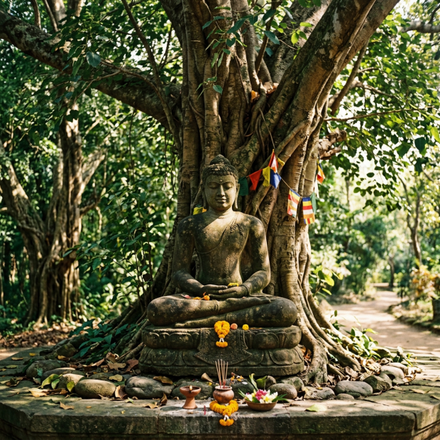 Buddha statue sitting cross-legged under a large tree with prayer flags and offerings