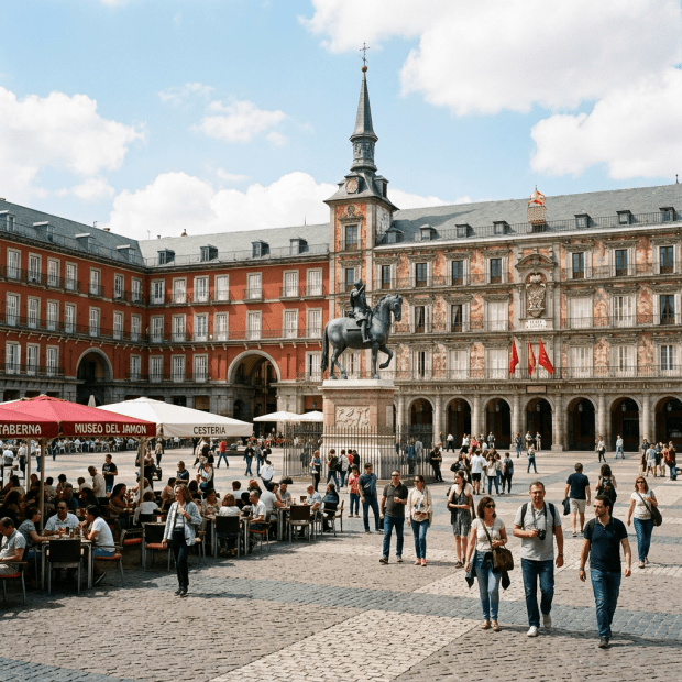 Outdoor plaza with people dining under umbrellas and a central equestrian statue