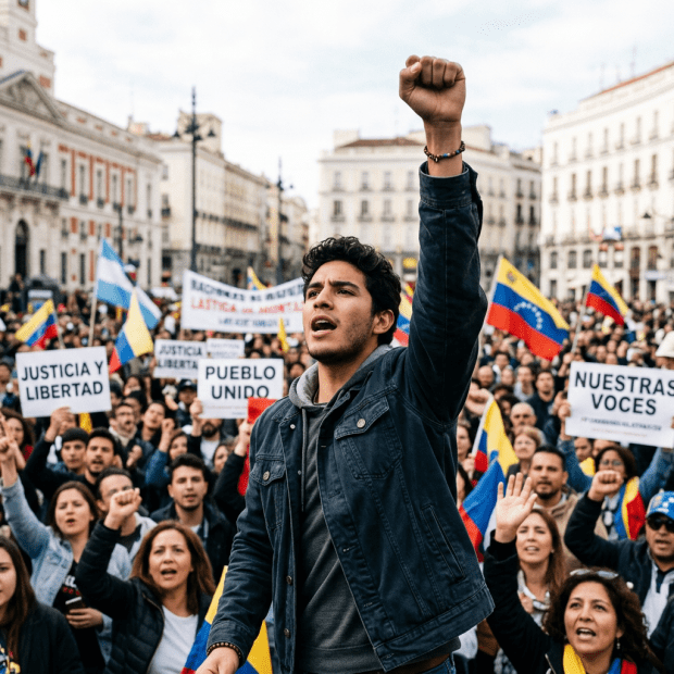 Man raising fist at protest with signs saying Justicia y Libertad and Pueblo Unido