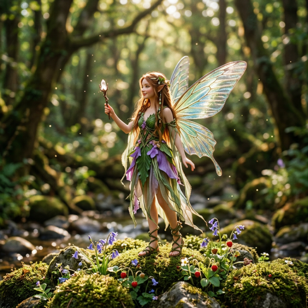 Fairy with iridescent wings in green and purple dress holding a glowing wand standing on mossy rock with flowers