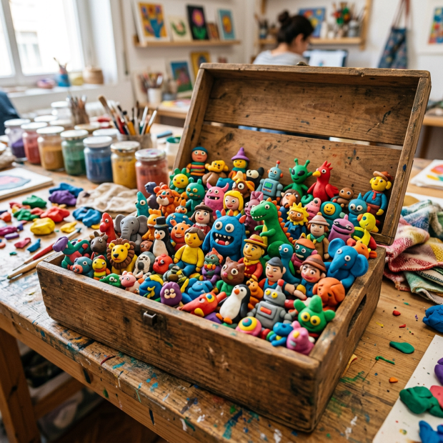 Wooden box open on a table filled with colorful clay figurines of animals, people, and fantasy creatures.