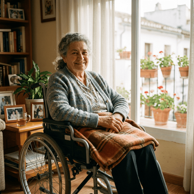 Elderly woman in a wheelchair indoors with a blanket on her lap, smiling