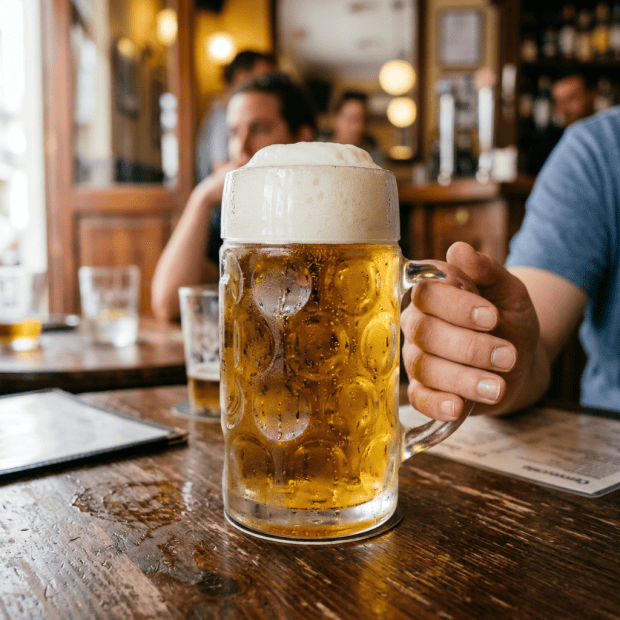 Hand holding a large frothy beer mug on a wooden table in a pub