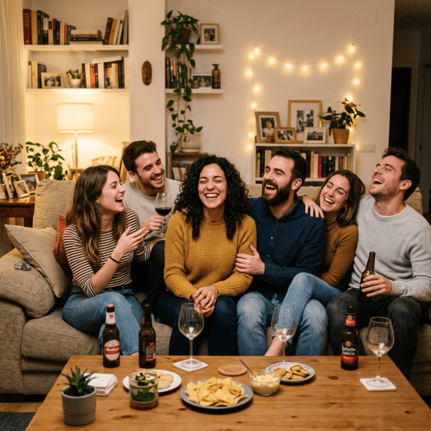 Group of six friends sitting on a sofa laughing and holding drinks