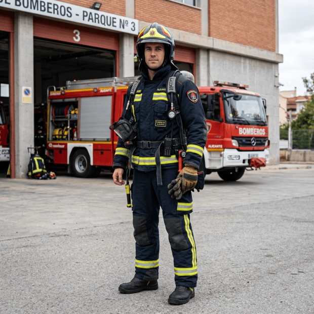 Firefighter dressed in full protective gear standing outside a fire station with fire trucks behind him