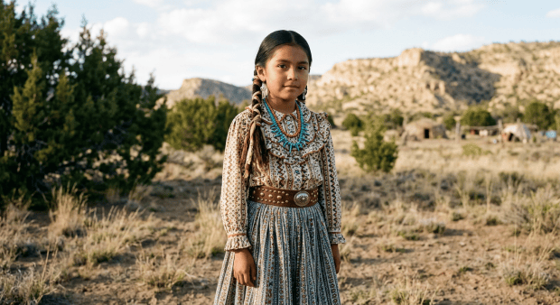 Young Native American girl in traditional patterned dress with turquoise necklace outdoors