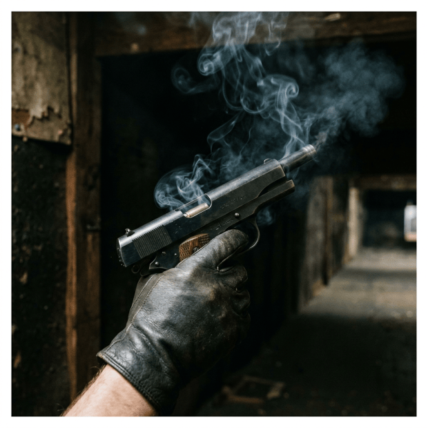 Hand holding a smoking handgun after being fired