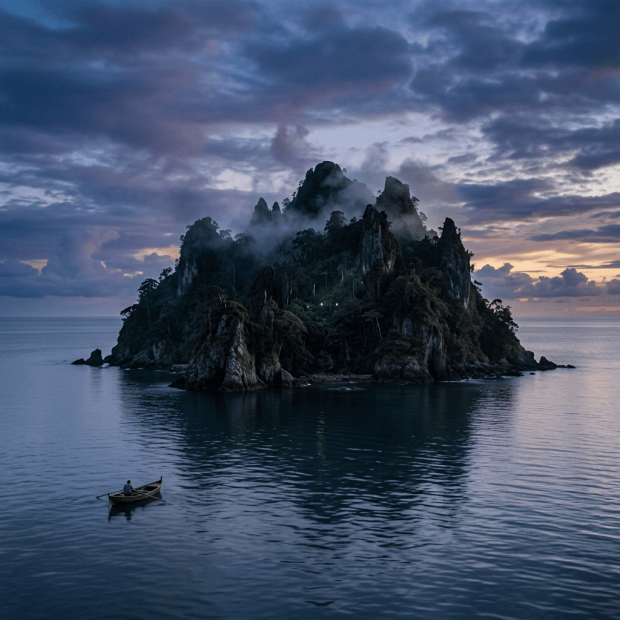 Small boat with single person rowing near misty, rocky island at dusk