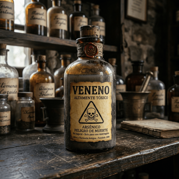 Vintage glass bottle labeled 'Veneno Altamente Tóxico Arsénico Peligro de Muerte' with skull and crossbones symbol