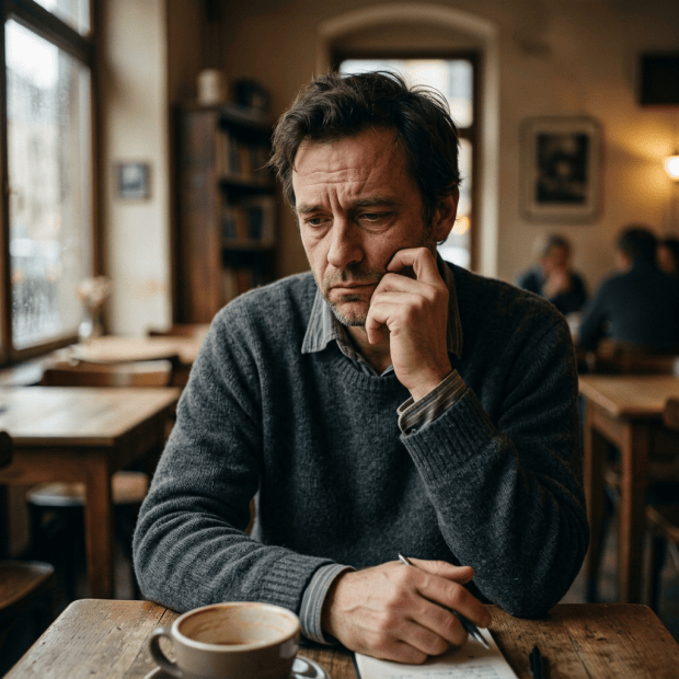 Thoughtful man sitting at café table with coffee and notebook