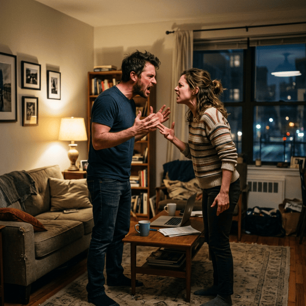 Couple arguing beside a coffee table in a living room