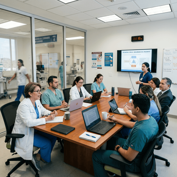 Healthcare team meeting; screen reads “Reunión clínica: seguridad del paciente.”