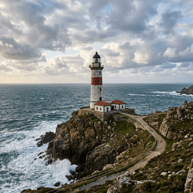 Striped lighthouse on rocky coastal cliffs beside rough ocean waves
