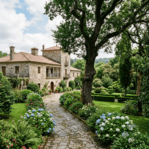 Stone manor surrounded by formal gardens and hydrangeas