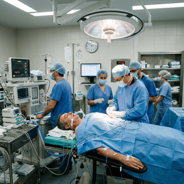 Surgical team performing an operation on an anesthetized patient