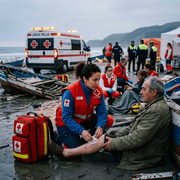 Red Cross medic bandages an injured man's leg beside an ambulance
